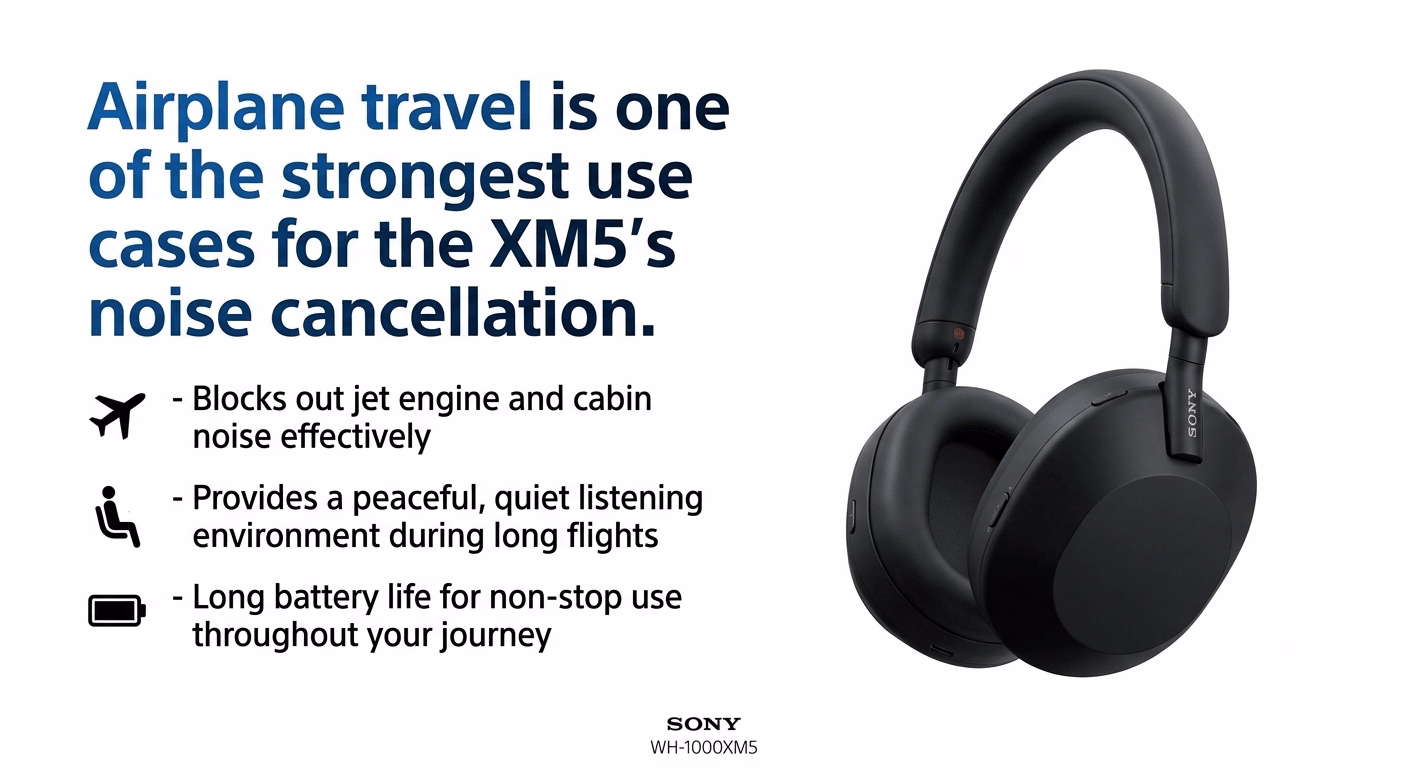 Person wearing Sony WH-1000XM5 headphones while traveling in an airplane cabin