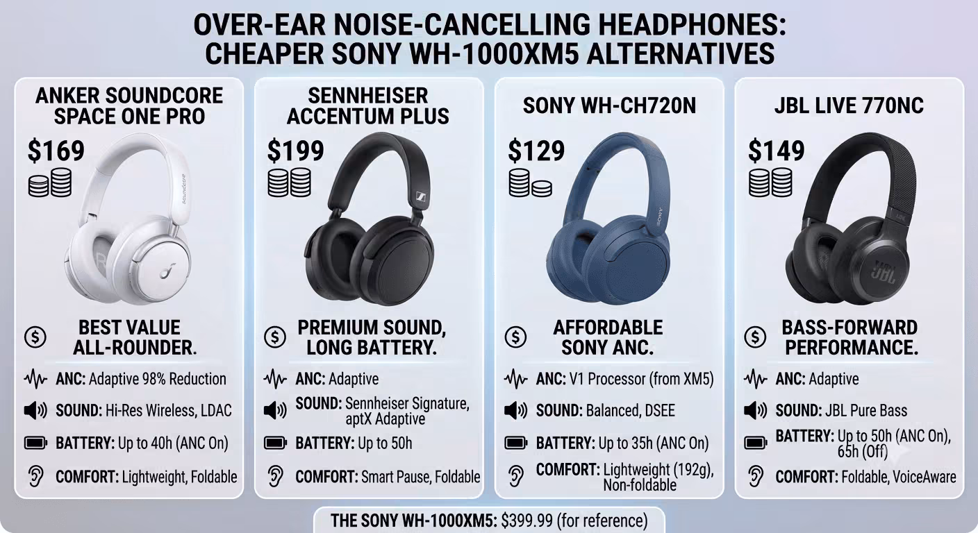Over-ear noise-cancelling headphones compared as cheaper Sony WH-1000XM5 alternatives